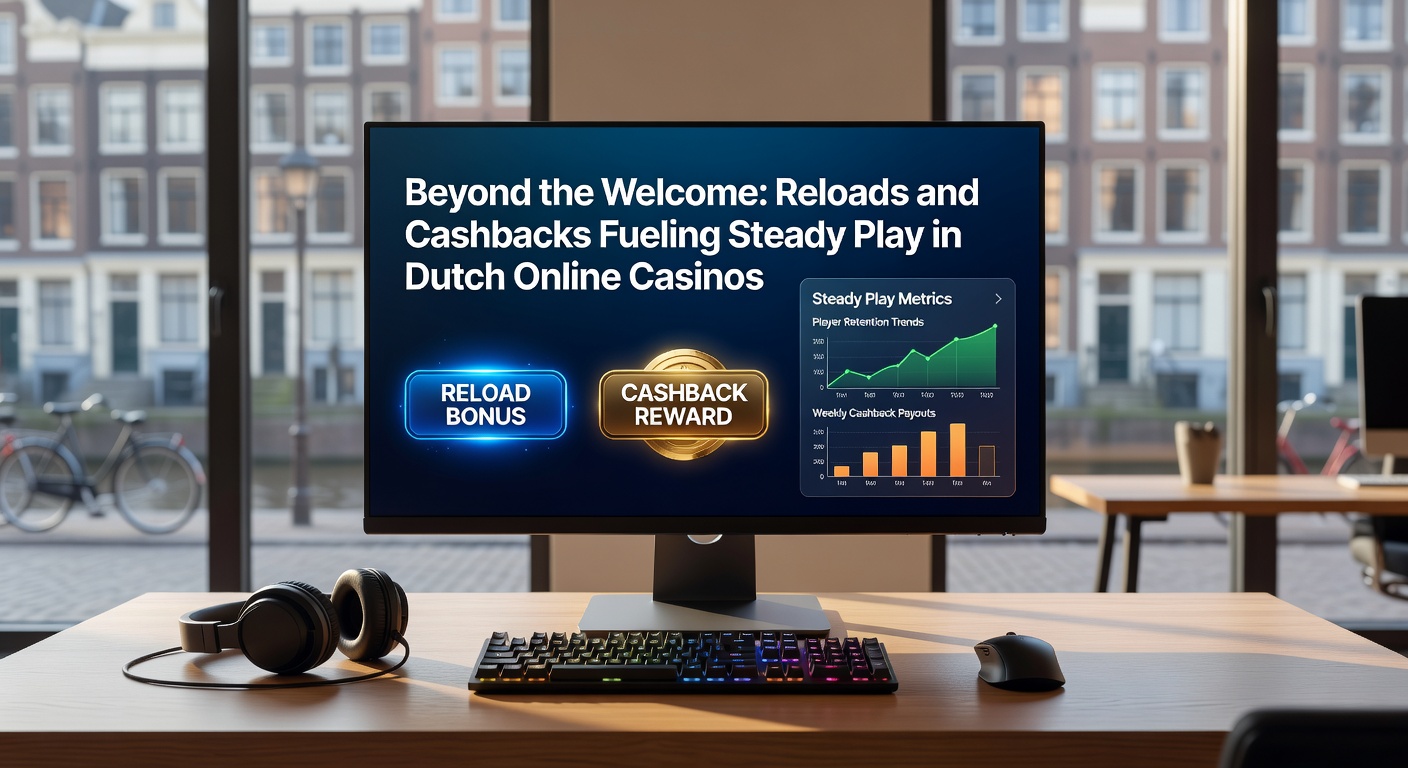 Speler aan mobiel scherm met cashback-melding en reload-aanbod zichtbaar, tegen achtergrond van Nederlandse vlag en casino icons