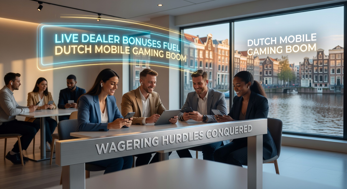 Smartphone met live dealer blackjack tafels en bonus iconen op een Nederlands vlaggenachtergrond, symboliserend de mobiele gaming boom