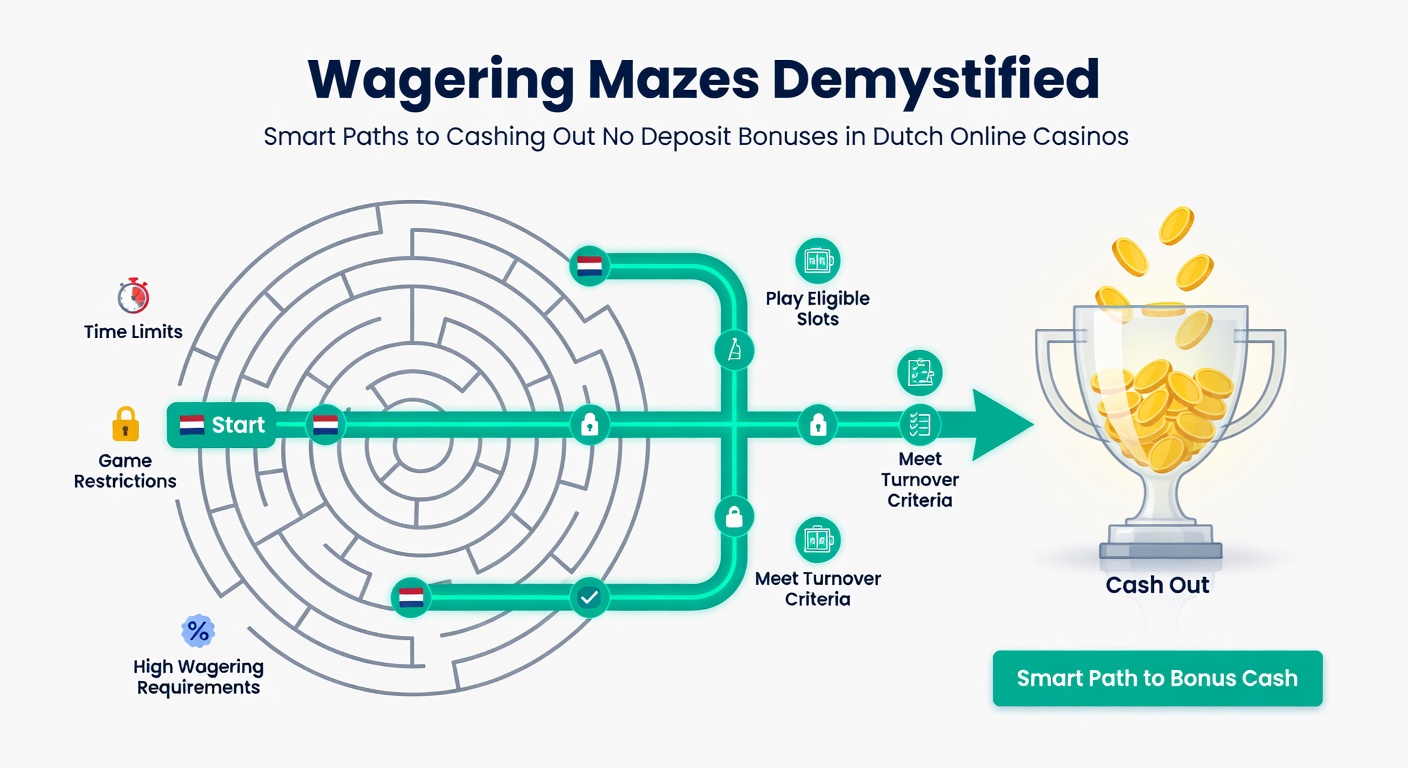 Illustratie van een speler die een pad volgt door een maze van gokkast-symbolen naar een kluis met contant geld, met pijlen wijzend op wagering checkpoints